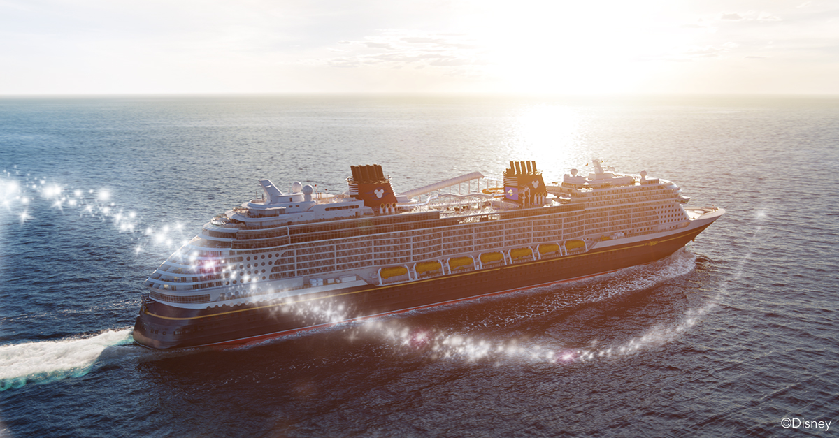 Photo-realistic image of the Disney Wish at sea, surrounded by pixie dust