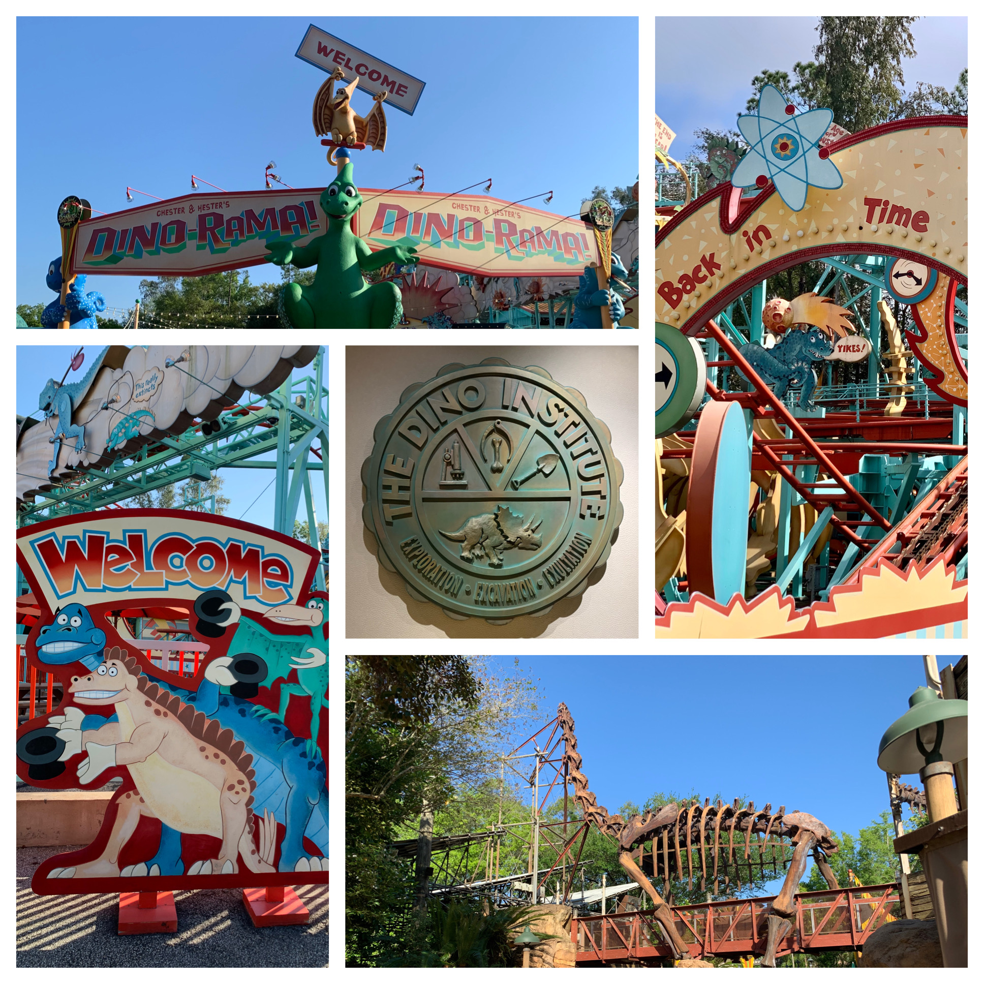 Collage of images from Dinoland, USA. The Dino Institute logo is at the center and a dinosaur skeleton is featured, but other images are reminiscent of tacky roadside attractions.